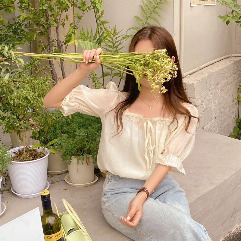 Sweet Fre Summer irt Colletto quadrato con cintura con finiture floreali da donna ort Sve Coreano Sle Loose Fit Casual Busin Wear
