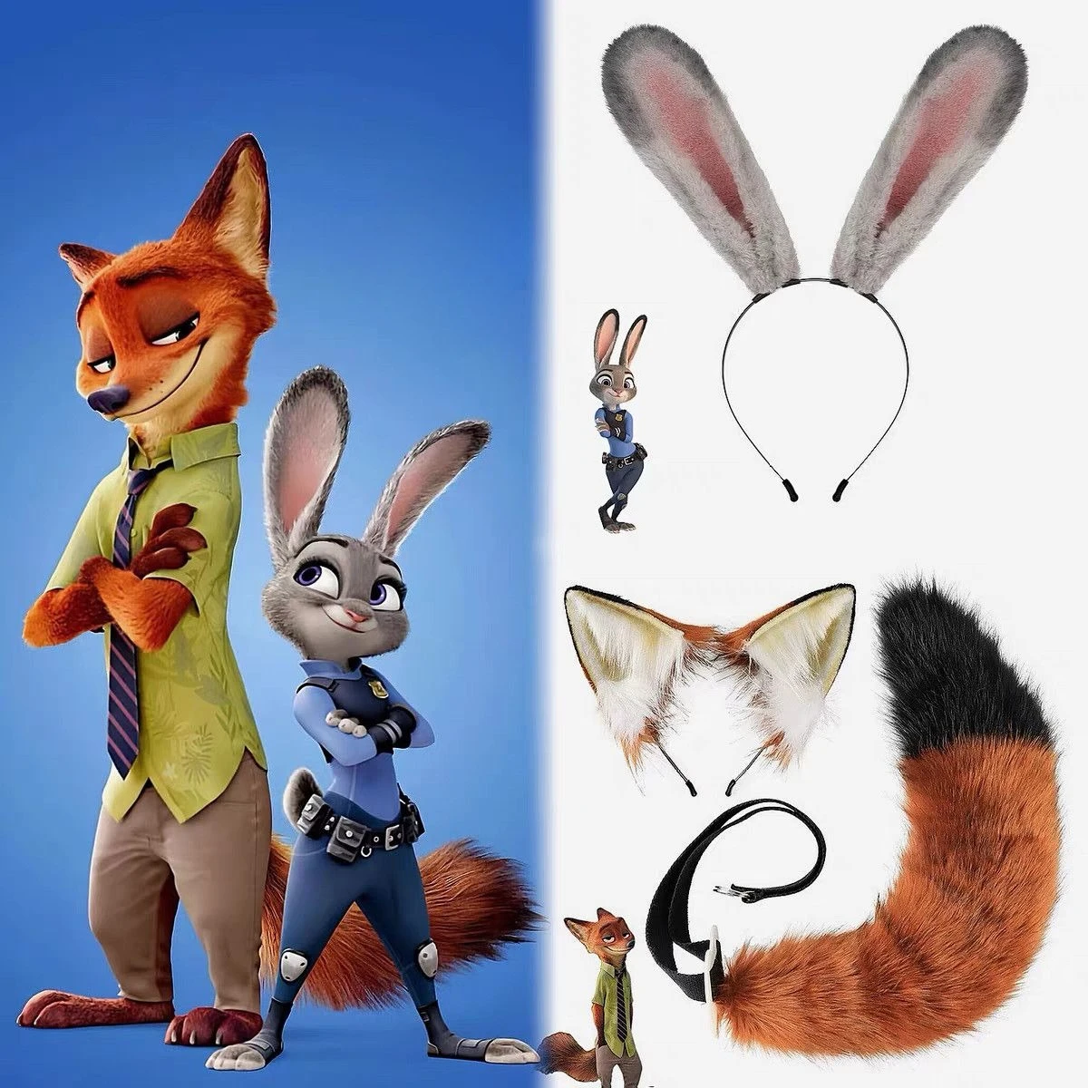 

Cosplay Nick Fox Suit, Judy Rabbit Ear Headband Simulation Fox Tail Cos Beast Set