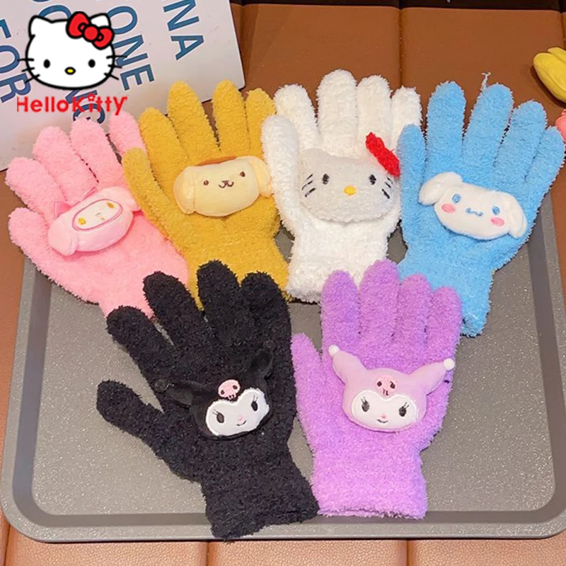 Kawaii Sanrio Hello Kitty Gloves Kuromi Melody Cinnamoroll Cold Proof Winter Finger Plush Gloves Warm Kids Toddler Girl Gifts