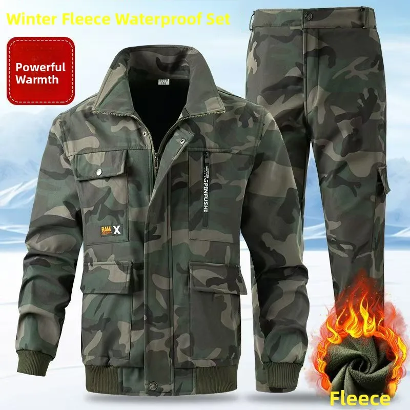 Thiened Fce Autumn Winter Men's Warm Cold-resistant Windproof Wear-resistant Construction Workwear Jaet And Pants Set