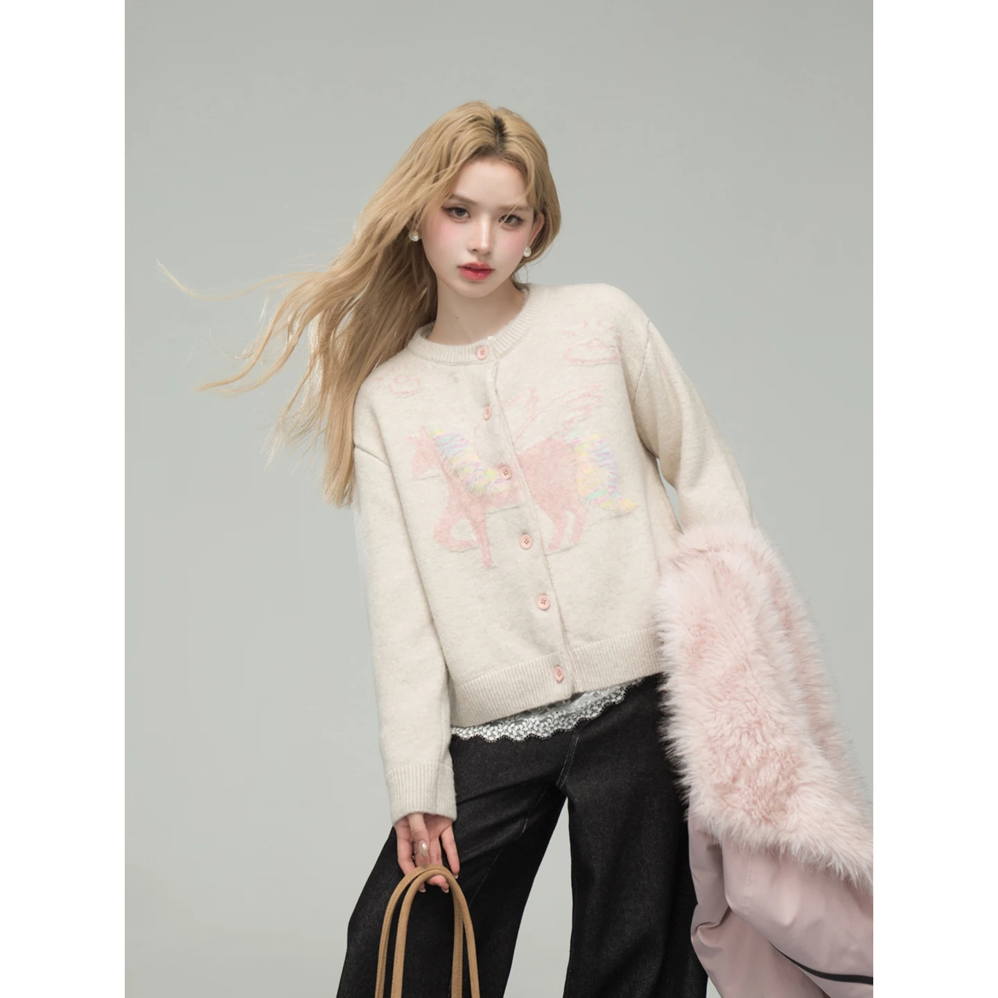 

Oneofuuu Rainbow Loose Knitted Open Cardigan Soft Long Sve Sweet Sle Animal Patterned Casual Wear for Women