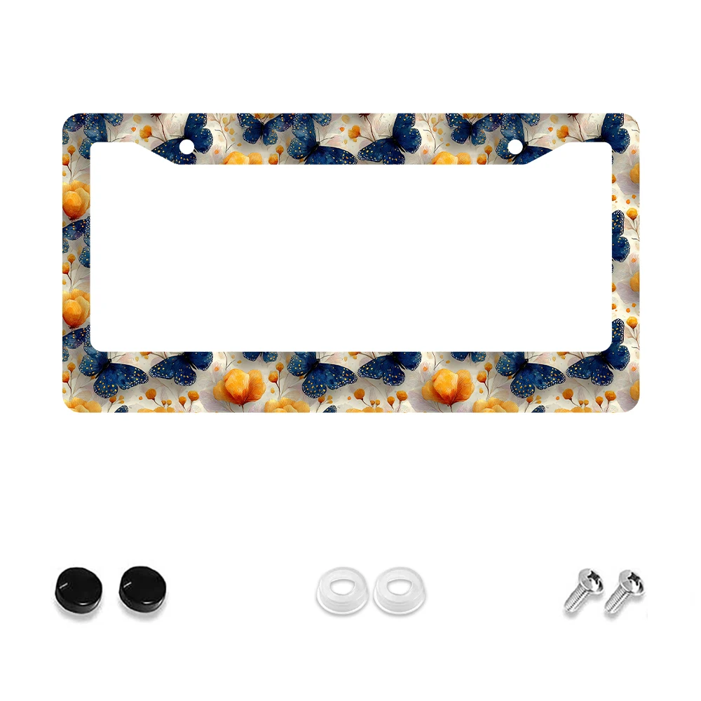 1 قطعة إطار لوحة ترخيص بفتحتين على شكل فراشة وزهرة زرقاء، مادة ألومنيوم، 6 × 12 بوصة، مع مجموعة براغي، مبتكرة قديمة #1
