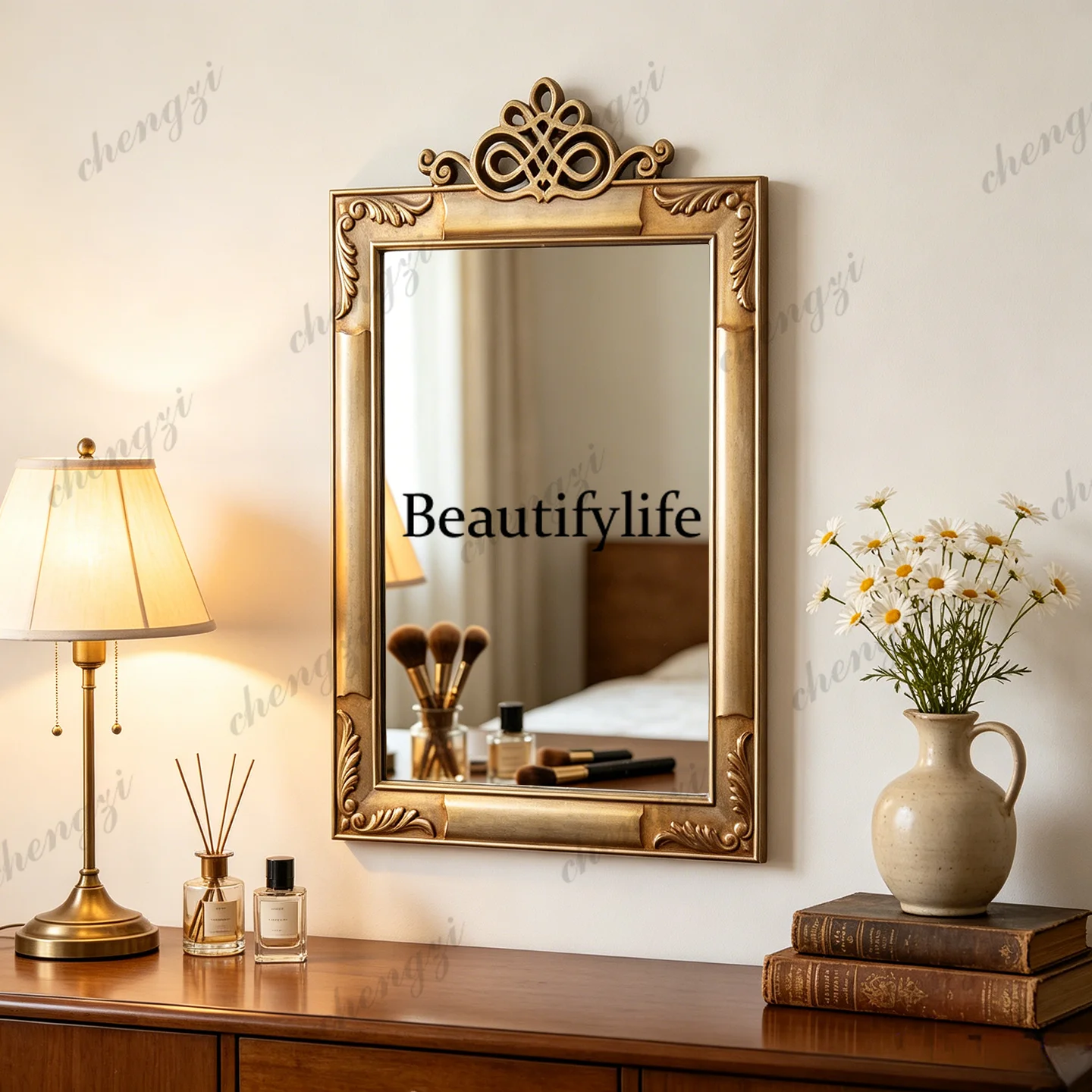 French retro wall fireplace mirror European carved decorative mirror American bedroom makeup mirror
