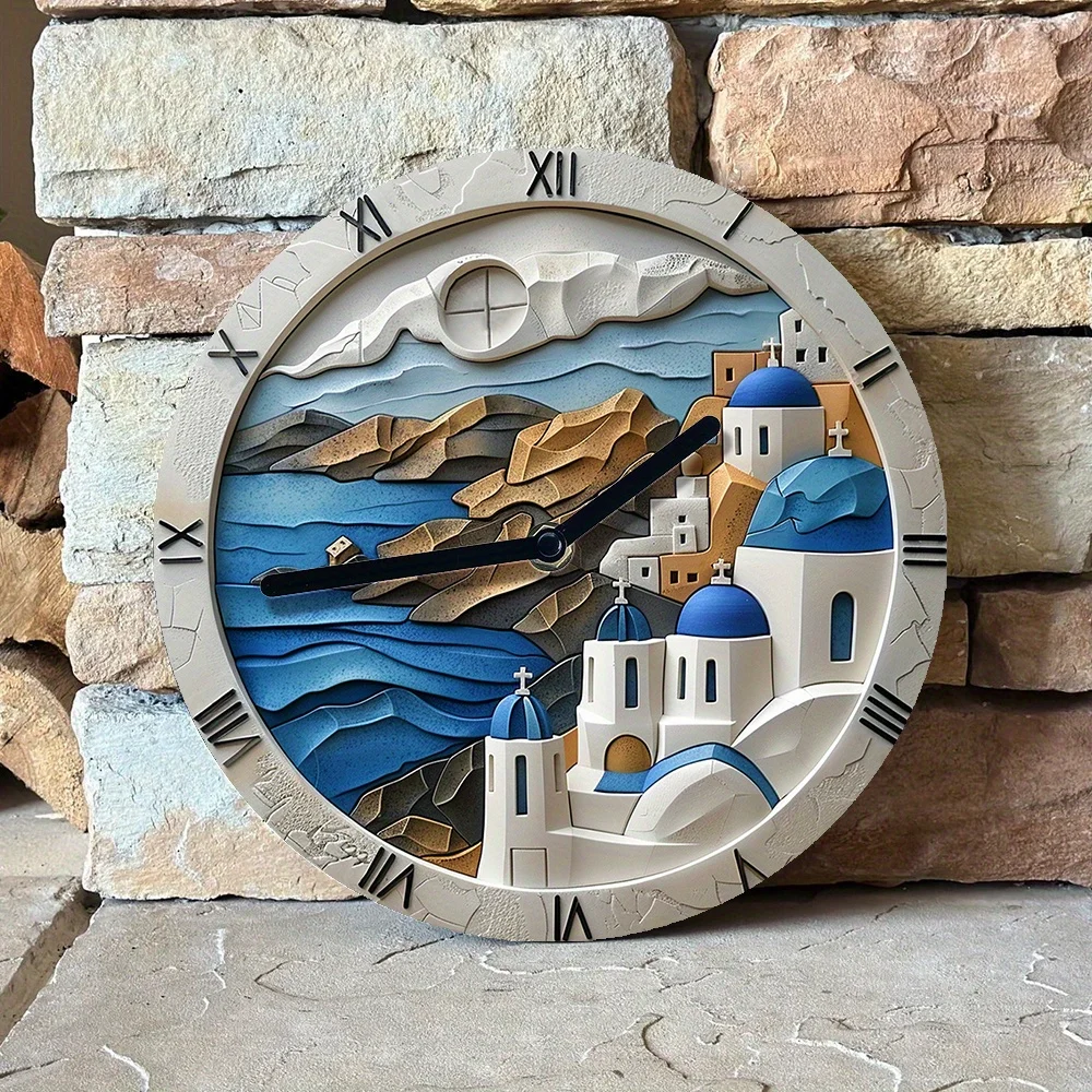 Santorini Island 3D Effect Wall Clock - DIY Assembly Kit with Silent Movement - High-Definition Artistic Home Decor