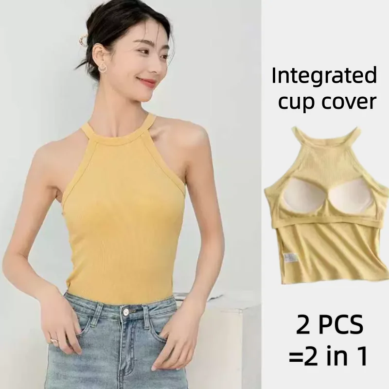Halter Vest With Fixed Cup Sports Yoga Basics Top Women Camisole With Chest Cushion One-piece Inner Lining Hotsweet Outside Top