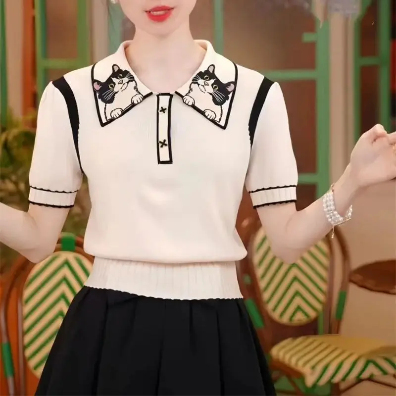 

Summer Preppy Blouse Tee 371A Cartoon Cat Embroidered Knitted T-shirt Women Sweet Polo Collar Bubble Sleeves Wool Sweater Top