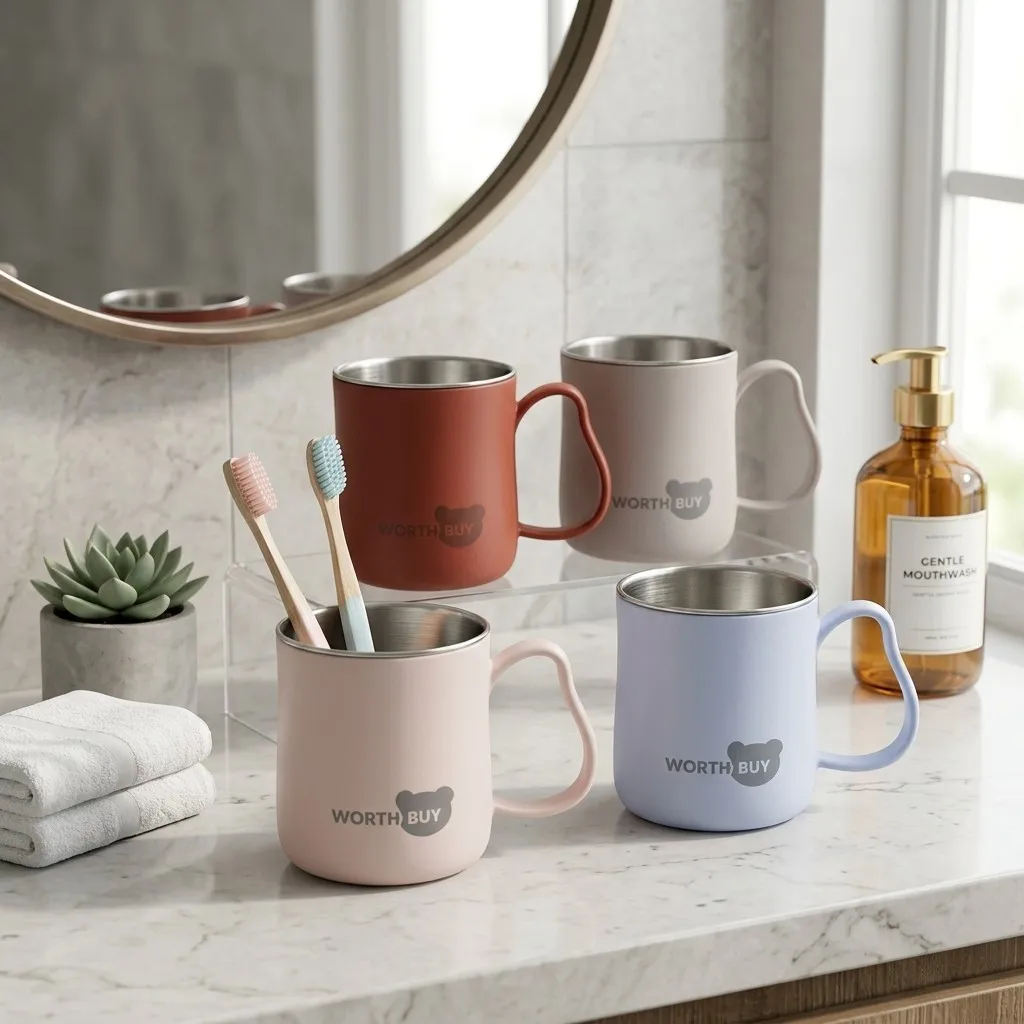 Double Wall 304 Stainless Steel Bathroom Tumbler Toothbrush Cup With Handle Plastic Mouthwash Mug Drinking Cup For Kids Student