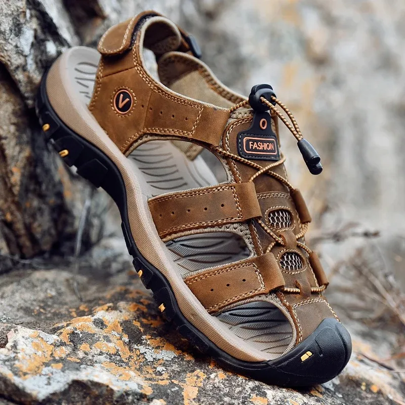 Big Size Men's Sandals Summer Anti-collision Outdoor Walking Treking Casual Shoes Leather Hiking Men Slippers Beach Wading Shoes