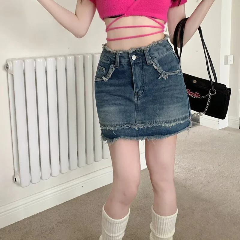 

Summer Women Fashion Ripped Jeans Skirt Lady Chic Designer High Waisted Short Dress Lady Retro Slim Fit Denim Skirt
