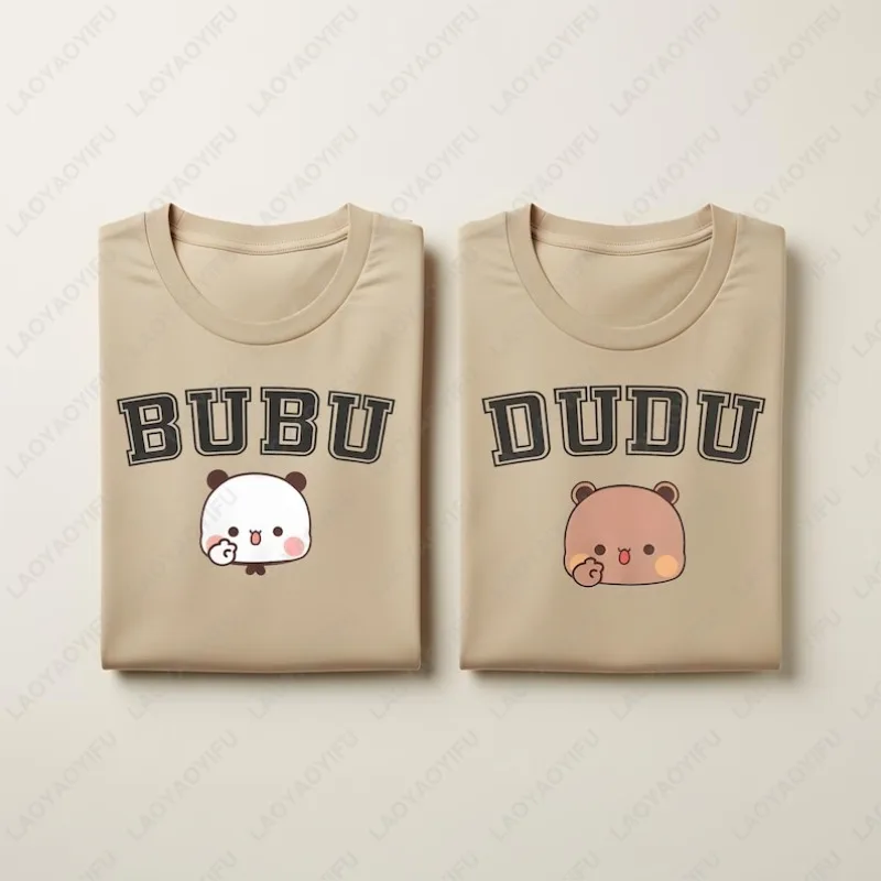 Bubu Dudu passende Paar-Shirts, süße Bären-bedruckte T-Shirts, lustiges minimalistisches Paar-Outfit, Jahrestagsgeschenk, Baumwolle, Unisex-T-Shirt