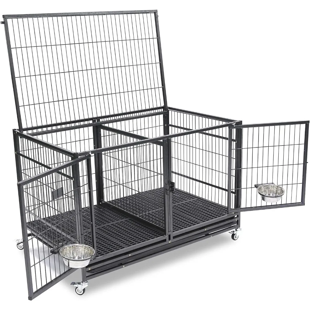 43 Metal Open Top Stackable Heavy Duty Dog Cage w/Floor Grid, Tray, Divider, and Feeding Bowl Dog Crate