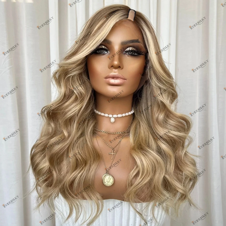 Cabello humano brasileño Remy Rubio Balayage cuerpo ondulado cabello humano peluca con parte en U peluca con parte lateral izquierda/derecha para mujeres negras pelucas con parte en V