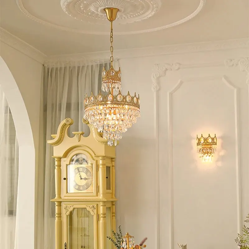 French Castle Villa Luxury Hanging Lamp Retro Crown Crystal Chandelier Light Restaurant Bedroom Pendant Lamp Hotel Gold Lighting