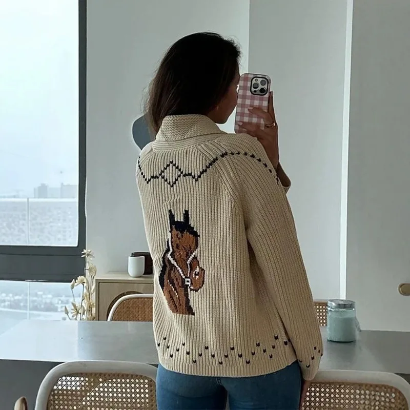 Collared Intarsia Knit Cardigan Horse Graphic Pattern Loose Lazy Style Open Front Long Sleeve Women Casual Sweater Coat 260901