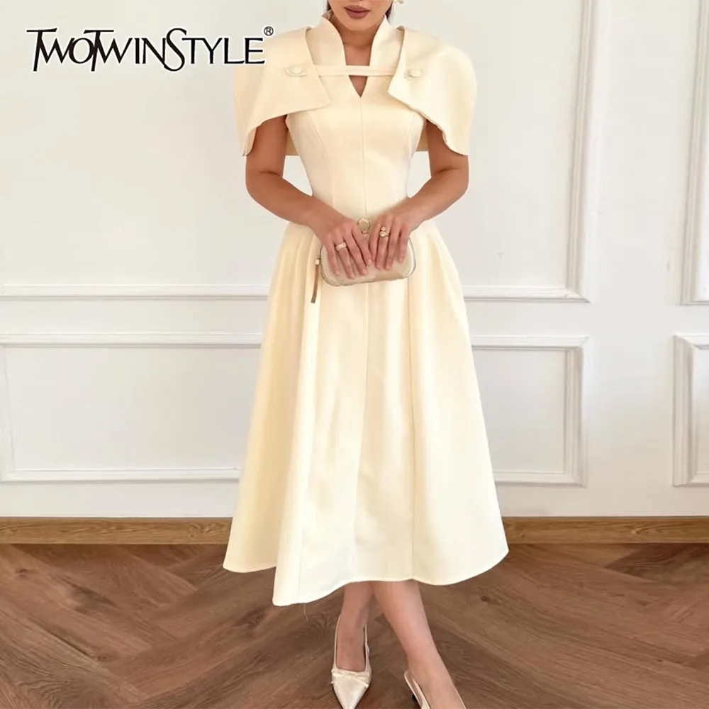 

TWOTWINSTYLE Solid Spliced Shawl Chic Dress Female V Neck Sleeveless Loose Elegant Minimalist Women's Dresses Summer Fashion New