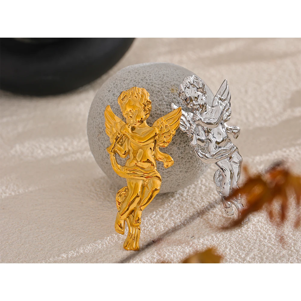 Yhpup 316L Stainless Steel Metal Angel Blow Horn Brooch Pin for Women Individualistic Clothing Accessories Gift Chic Jewelry
