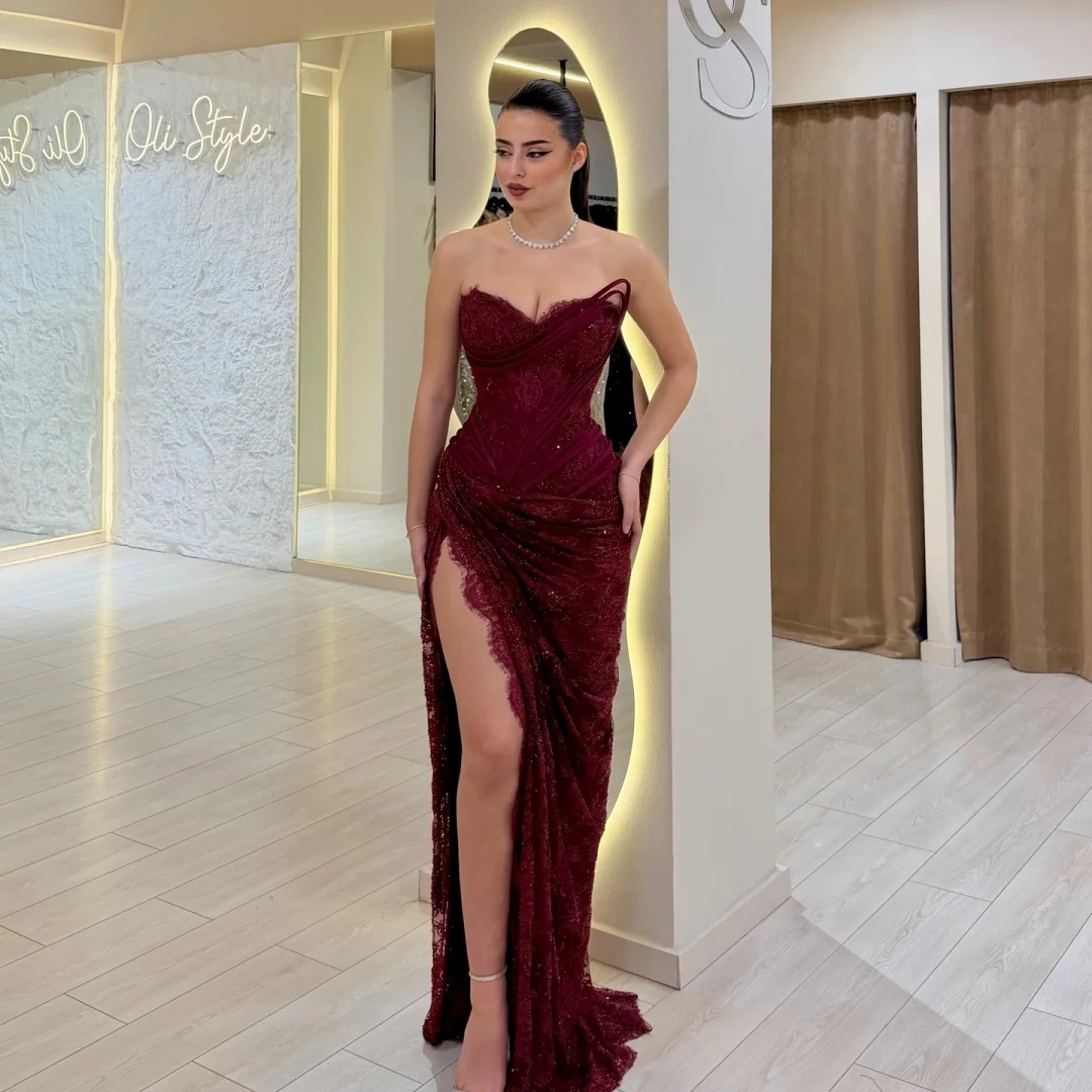 Amanda Customized Burgundy Strapless Prom Dress With Ruched Lace High Slit Trailing vestidos de noche Formal Evening Gown  2026 image 4