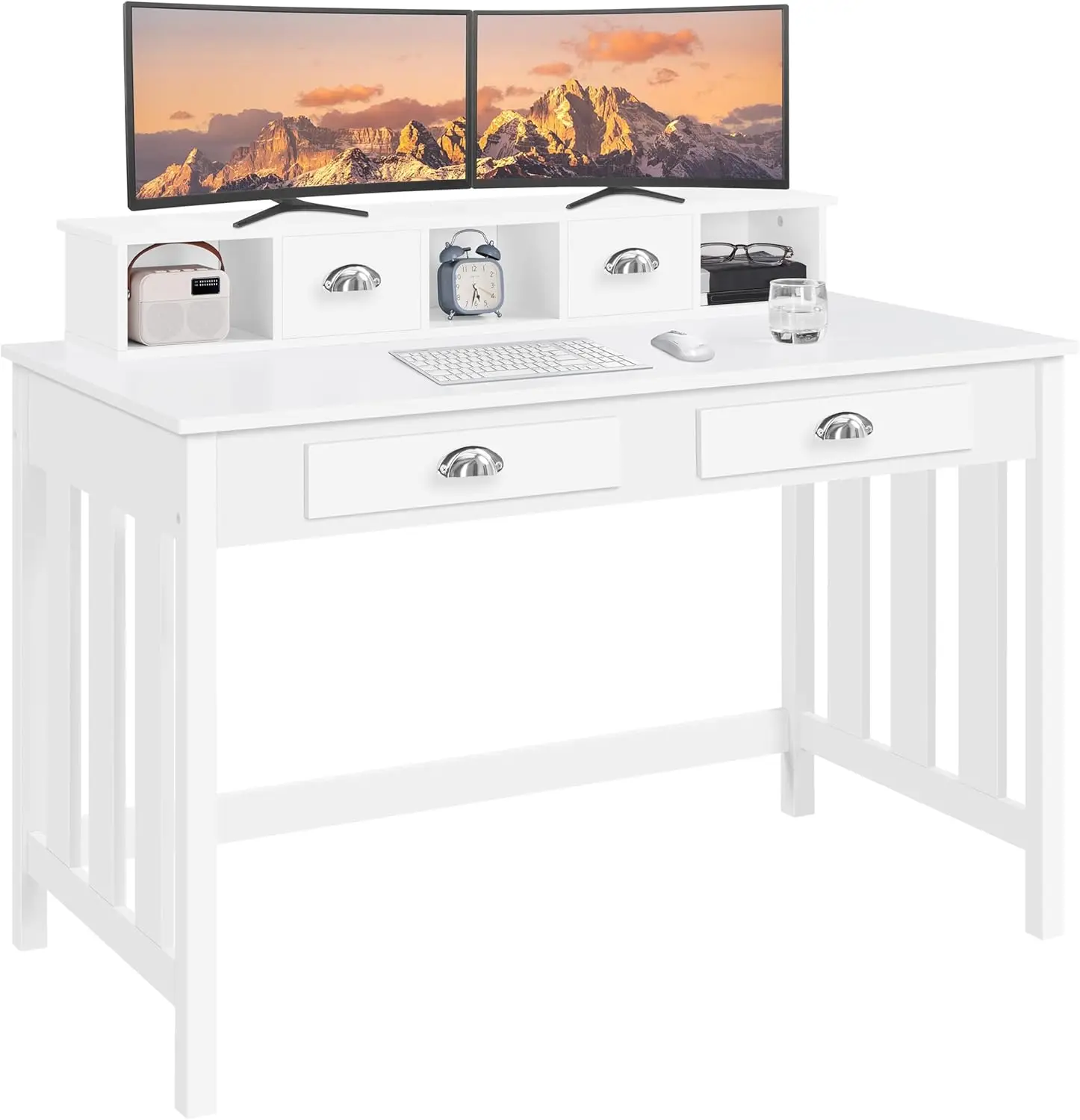 Yaheetech 41.7 Inch White Computer Desk with 4 Drawers and Storage Space, 2 Tiers Home Office Table Workstation with Monitor