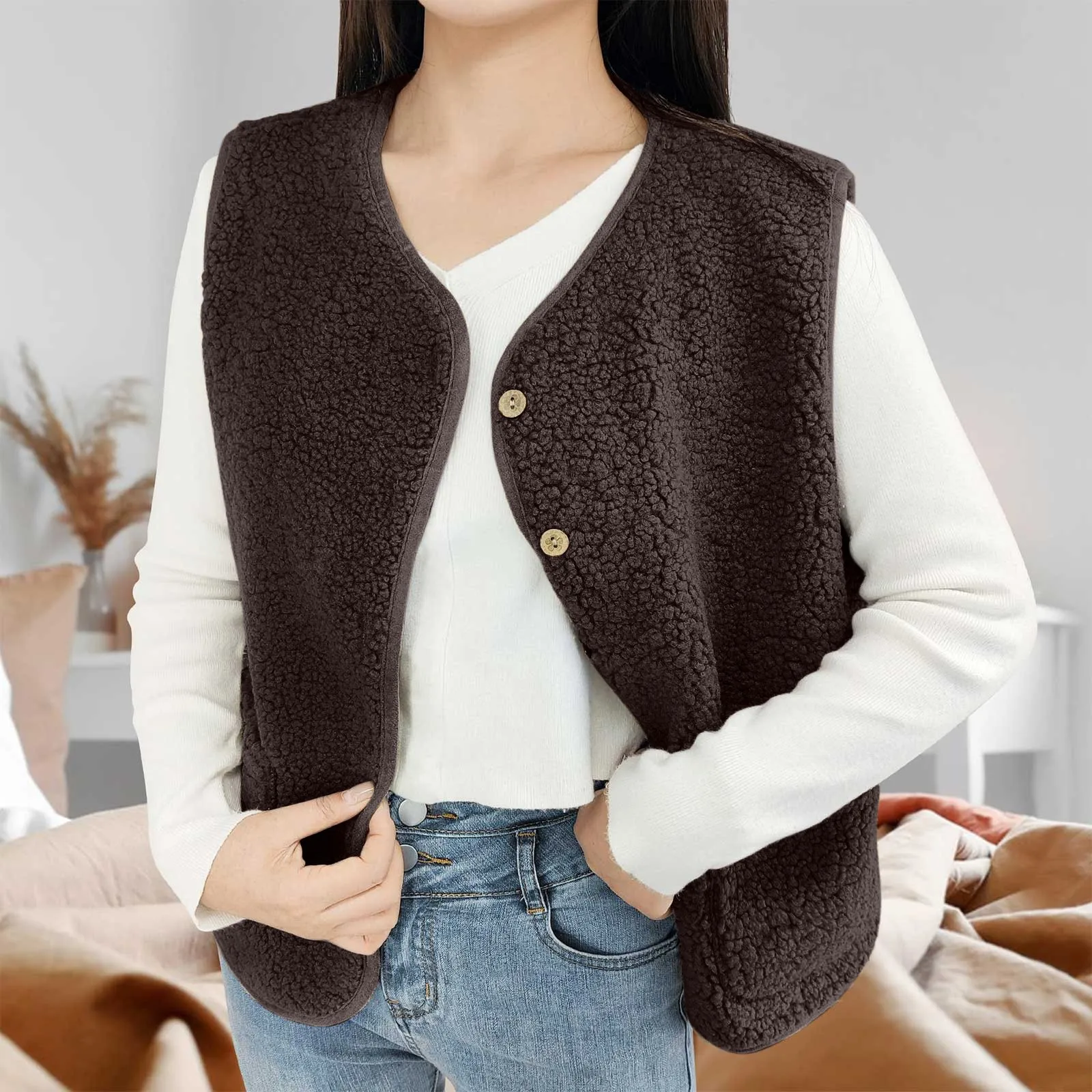 Women'S Teddy Fleece Vest Autumn Thin Vest Sleeveless Coat Plain Plush Vest Short Jacket Loose Fleece Vest Women Outwear