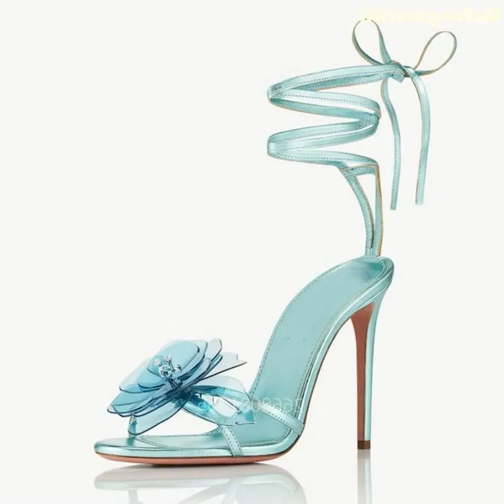 Metallic Cyan Clear Pvc Flower Ankle Wrap Lace Up Stiletto Sandals Open Toe Strappy High Heels Women Wedding Bridal Evening Shoe