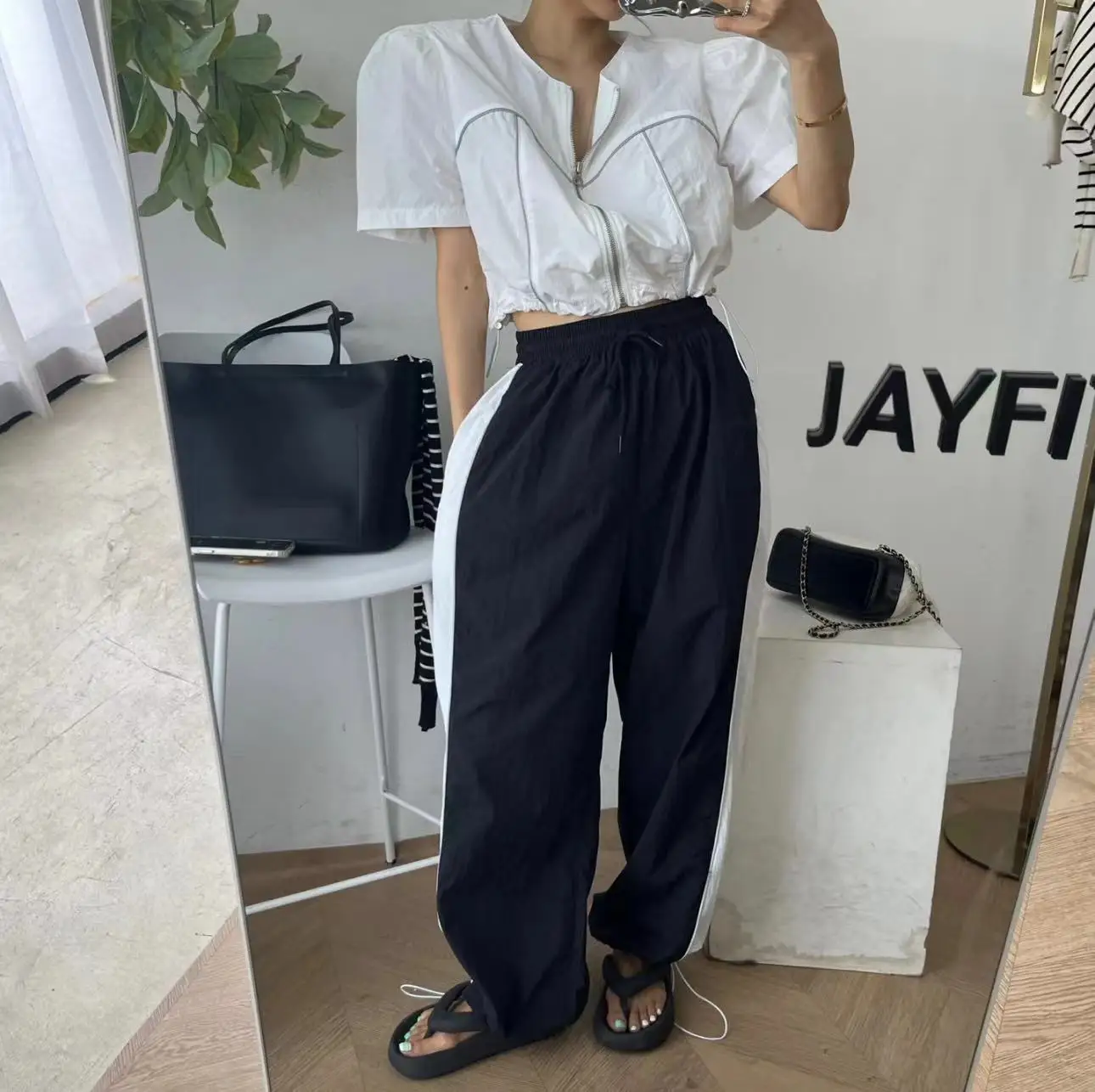 Women's Bubble Sve Windbreaker Jaet with Waist-Cinching Dstring ort Casual Pants Set Faionable Polyester Blend