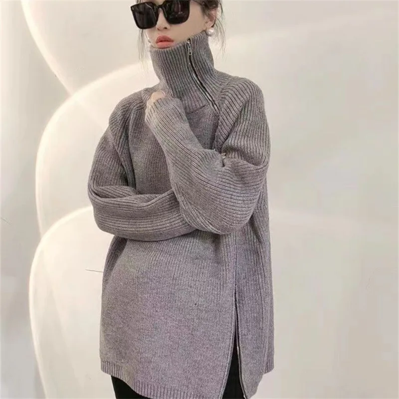 

High necked sweater for women in autumn and winter 2023 new lazy style side zipper lapel knit sweater for women