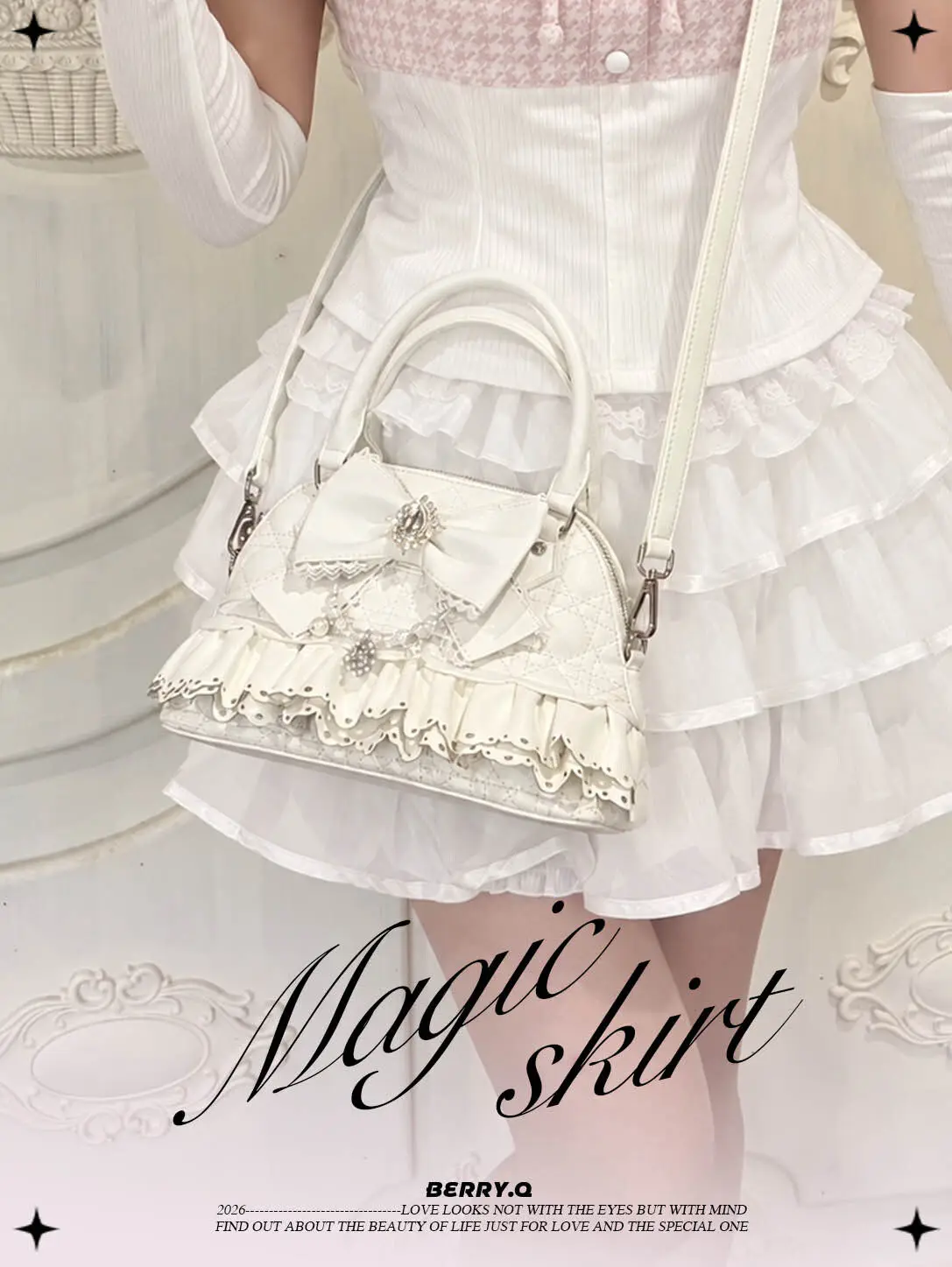Japanese Original 2026 New Skirt Rhombus Sweet Cute Girl Wind Shoulder Handbag Lolita Princess Ji Skirt Lace Lo Bag for Women