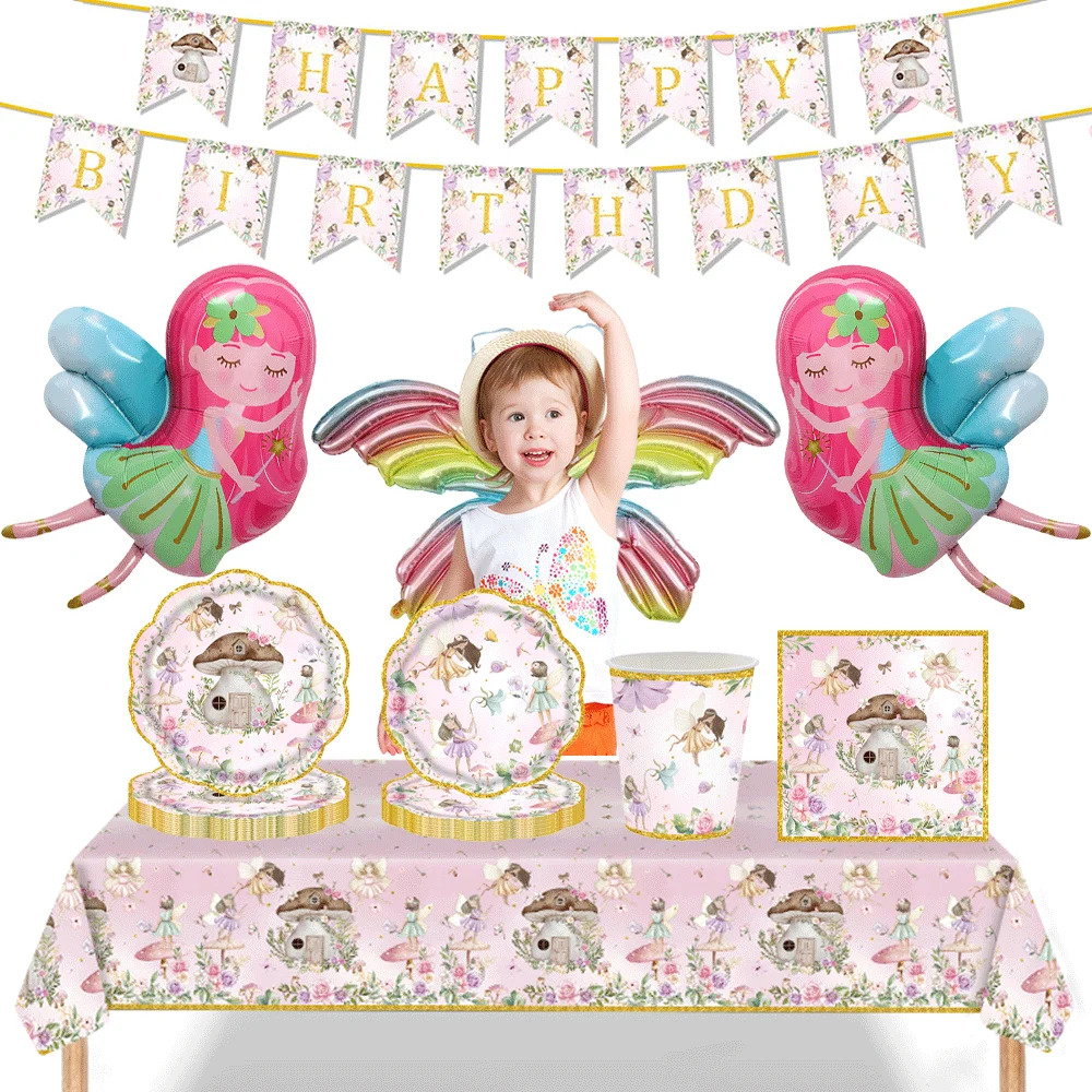Fairy First Birthday Decorations Plates Napkins Tablecloth Banner Flower Fairy Balloons Enchanted Forest Fairys Party Supplies
