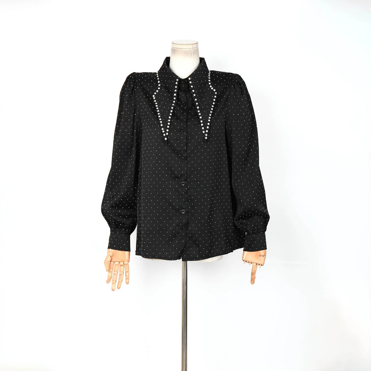 Hot 2025 Spring Women's Black Polka Dot Blouse with Pearl Embellished Collar Puff Sleeve Button Down Elegant Casual Shirt
