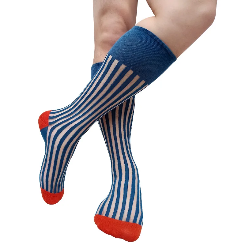 See Through Striped Mens Formal Socks Over the Calf Dress Suit Male Sexy Stocking Lingerie Business Long Tube Hose Softy Funny