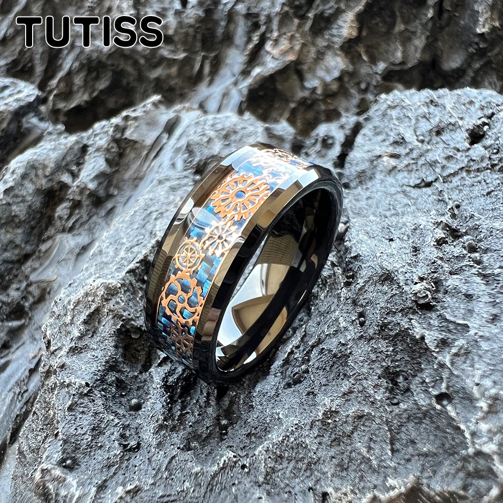 TUTISS Fashion 8MM Mechanical Gear Wheel And Blue Carbon Fiber Inlay Men Women Tungsten Wedding Band Ring Fast Shipping