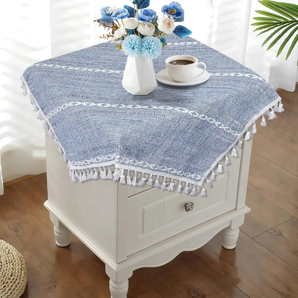 

Dusty Blue And White Small Tablecloth 24''X24'', Boho Square Nightstand Cover, Rusitc Farmhouse Coffee Table Cover For End