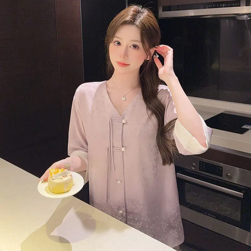 Ice Silk Pajamas Women's Chinese Style Disc Buckle Jacquard Loungewear Women Summer Thin three-quarter Sleeve Clothes for Women