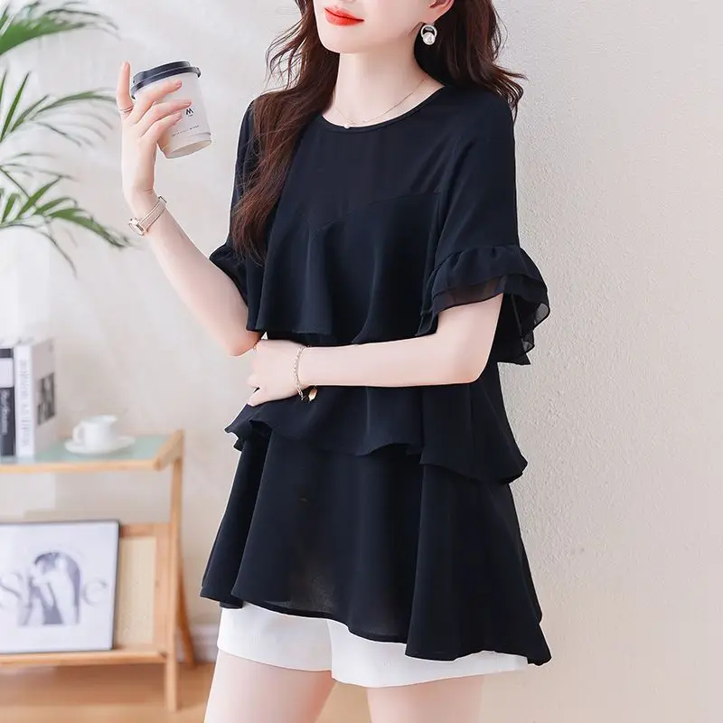 Casual Loose Ruffles Blouse Summer Short Sleeve All-match Solid Color Women\'s Clothing Commute Round Neck Fashion Spliced Shirt