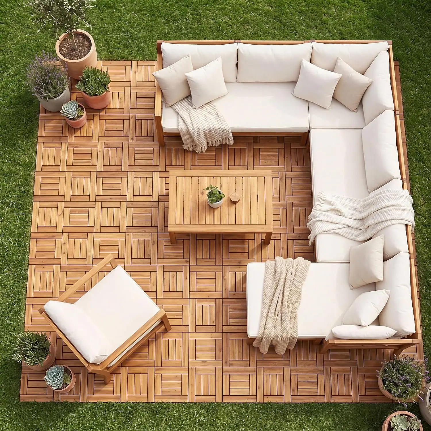 Acacia Wood Interlocking Deck Tiles 54-Pack Outdoor Patio Flooring, Customized