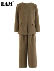 [EAM] Big Size Khaki Blazer Wide Leg Pants Two Piece Suit New O-Neck Long Sleeve Women Fashion Tide Spring Autumn 2024 16O1911