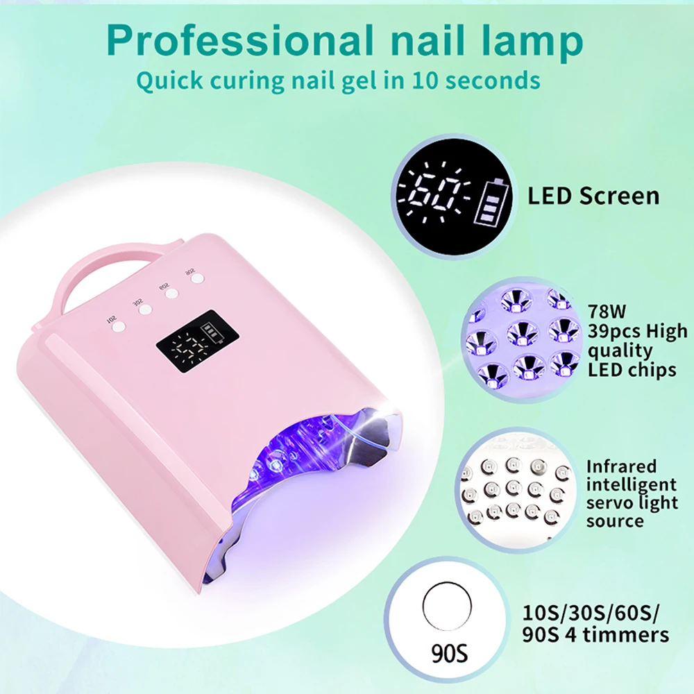 Professioneller 78 W kabelloser Pro Cure LED-Nagellacktrockner, wiederaufladbarer kabelloser Nageltrockner