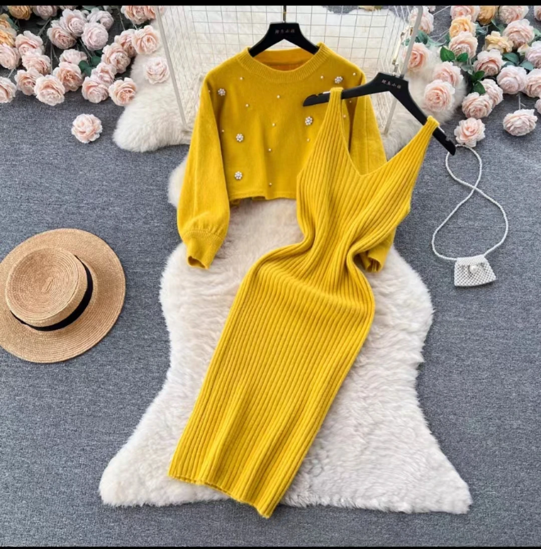 New Elegant Knitted Two Piece Sets for Women Autumn Winter Beading Lartern Sleeve Pullover Sweater Top + Sling Dresses Suits