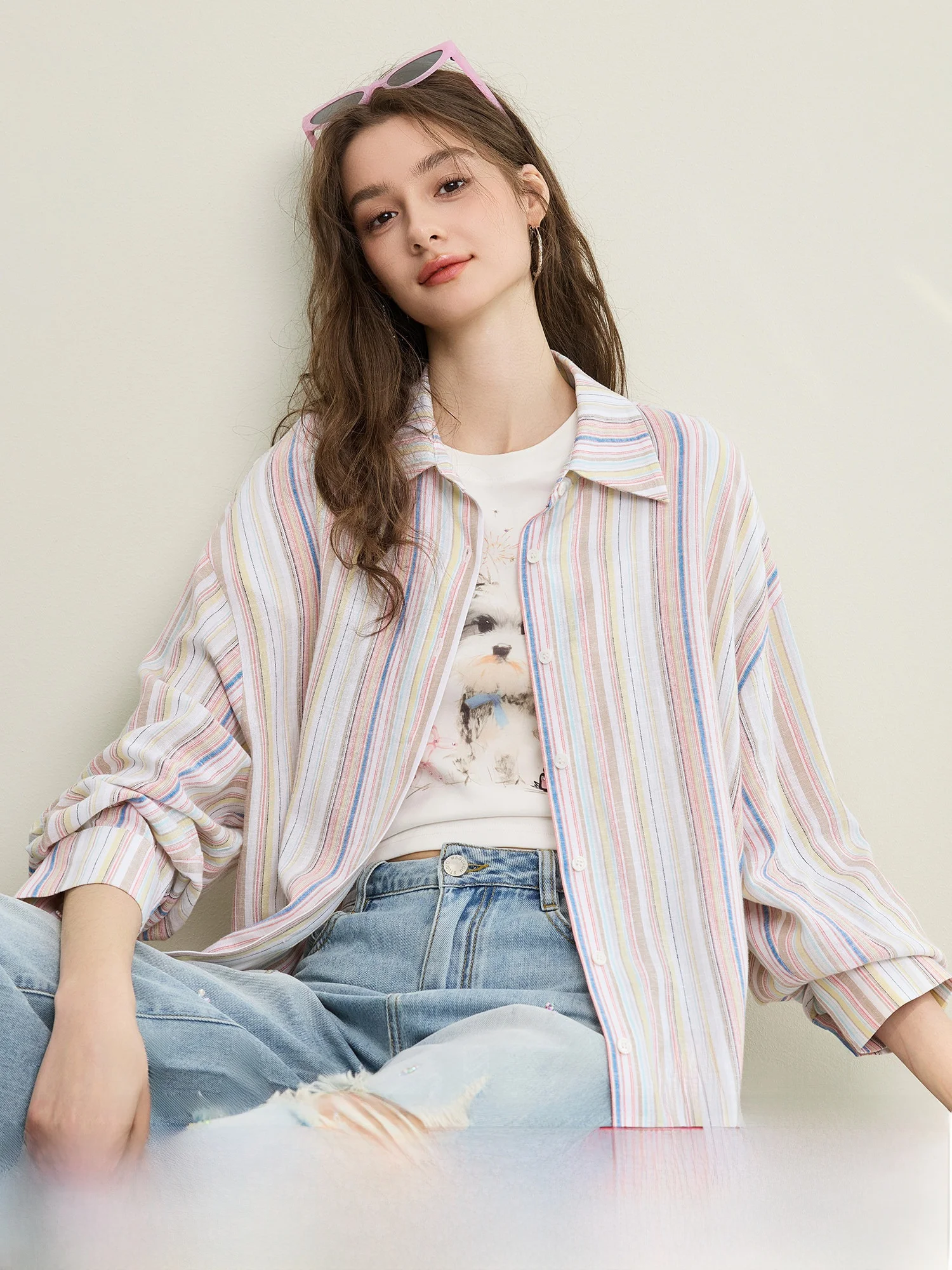 

High Content Linen Stripe irt Color Blo Summer Faion Outerwear Loose Fit Long Sve Women's irt Skin Friendly Breath...