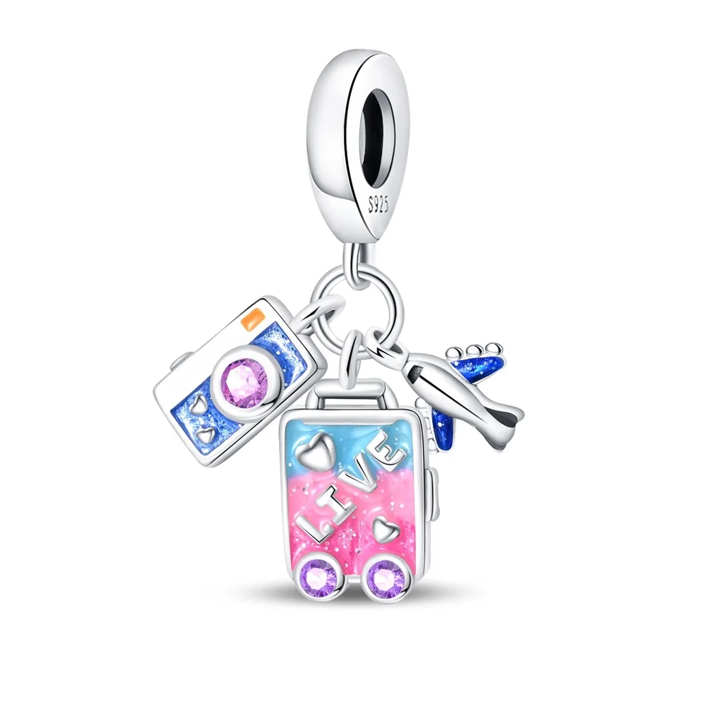 

Original 925 Sterling Silver Charm Luxury Pink Travel Suitcase Airplane Pendant Bead Fit Bracelet Diy Women Making Delicate Gift