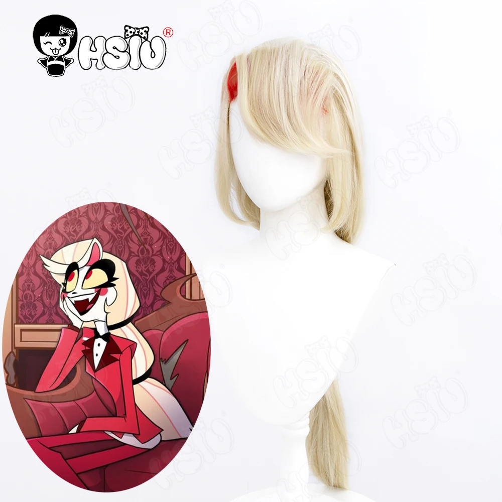 

Charlie Morningstar Cosplay Wig Fiber synthetic wig「HSIU 」Light gold mixed white and red long Wig+Wig cap Anime cosplay Wig