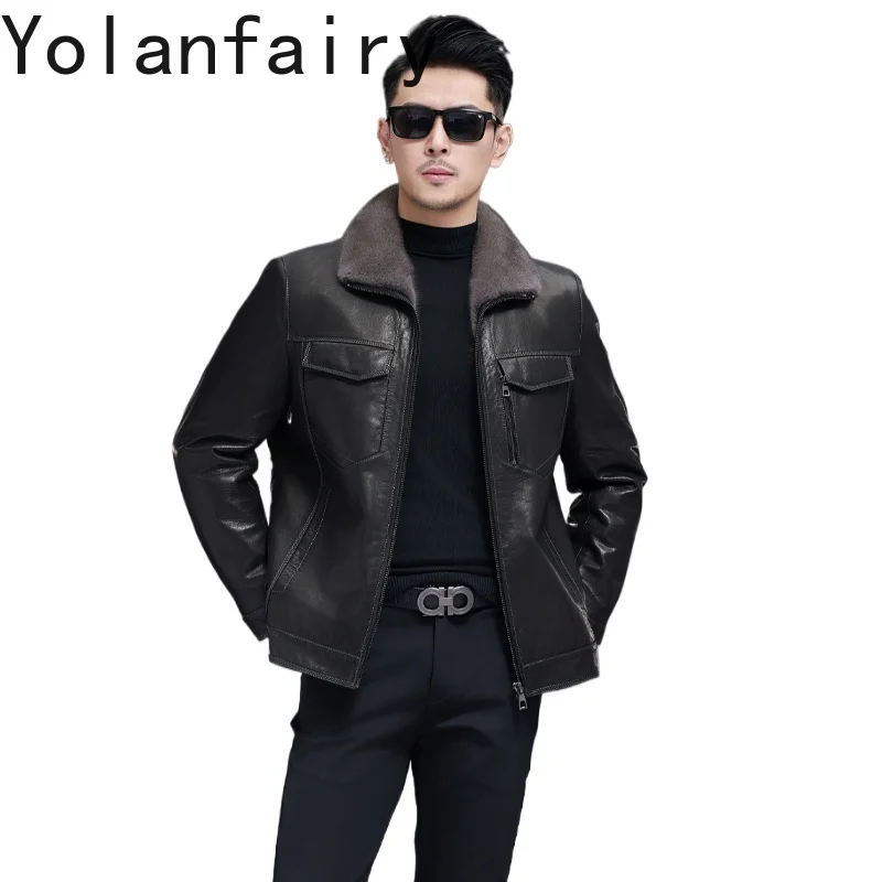 

YOLANFAIRY Genuine Leather Jacket Men Winter Whole Mink Fur Liner Coat Casual Real Goatskin Leather Jackets Fur Coats Man 2025