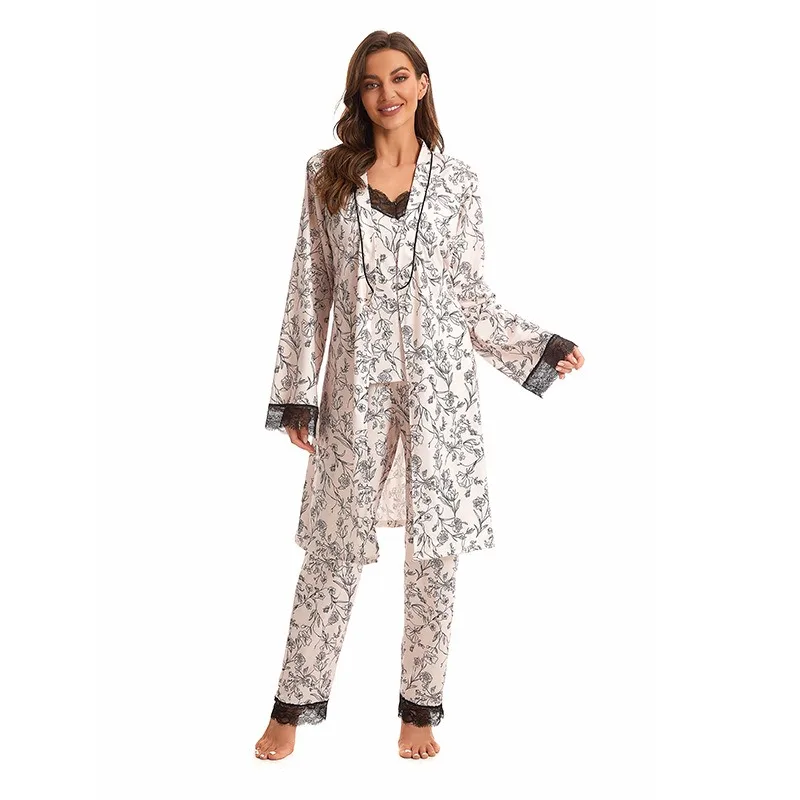 Ensemble de pyjama pour femmes 3 pièces Ensemble de camisole Robe Pantalon Imprimé floral Bordure en dentelle Ensemble de vêtements de nuit Ensemble de vêtements de détente doux