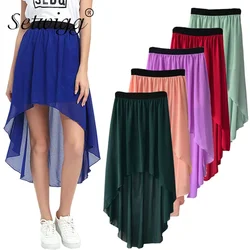 SETWIGG Summer Bohemian Style Dip Hem Long Chiffon Skirts Elastic Waist High Low Long Pleated Asymmetric Chiffon Skirts 15 Color