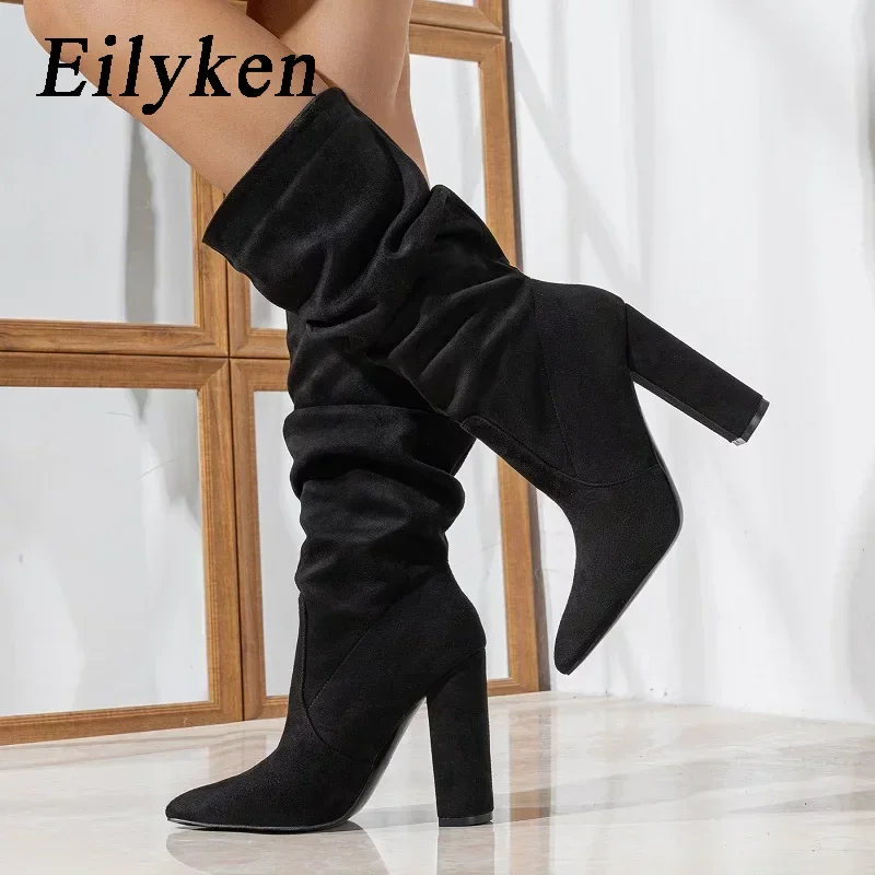 

Eilyken Winter Pleated Pointed Toe Women Mid-Calf Ankle Boots Street Style Square High Heels Party Female Shoes