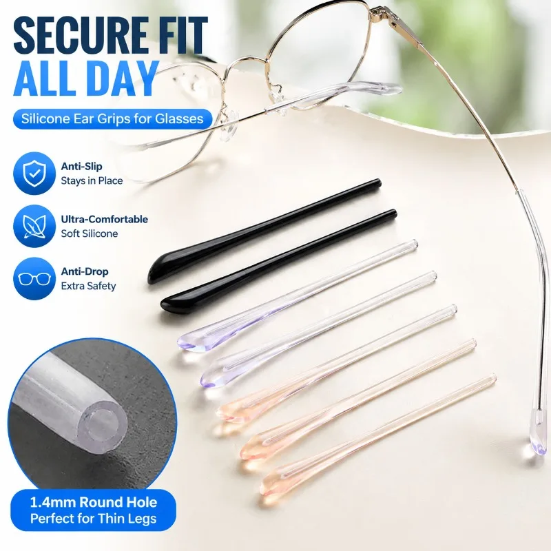 Eyeglasses Silicone Ear Grips, Anti-Slip Temple Tips for Thin Legs, Anti-Drop Safety Holders for Glasses