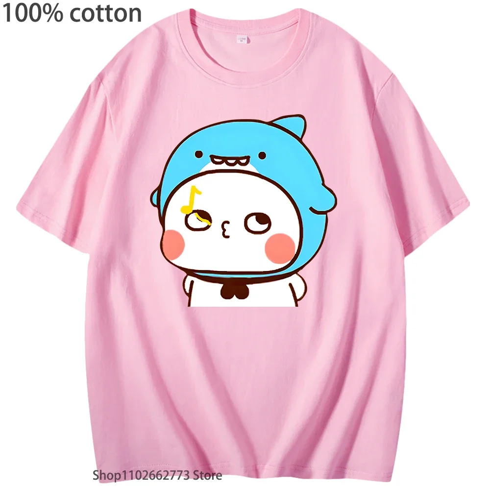 Urocze koszulki z nadrukiem rekina Bubu gwizdającego, ubrania z grafiką pandy, damskie i męskie, kawaii, urocza koszulka, 100% bawełna, odzież, okrągły dekolt, letni top
