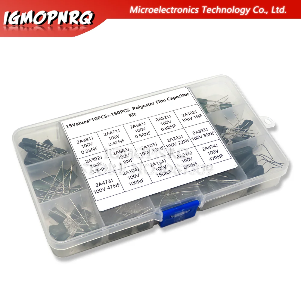 

150Pcs 15Values Polyester Film Capacitor Assortment Box Kit 0.33NF 2A331J 470NF 2A474J 2A821J 2A102J 2A393J 2A474J