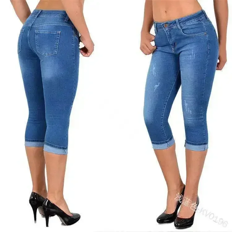 Summer Women Jeans Knee Length Pencil Pants Sheath High Waist Denim Slim Pockets Slight Strech Casual Spring 2026 Solid Color - Image 4