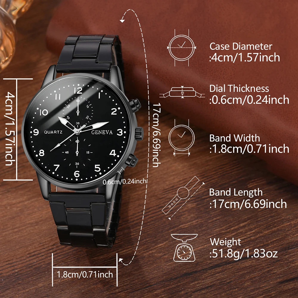 2PCS Men Black Watch Casual Fashionable Three Eye Element Dial Quartz Wristwatch Leather Strap Watch Jewelry Set Gift For Him